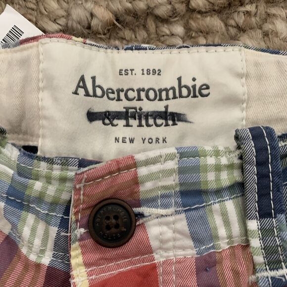 Abercrombie & Fitch Plaid Shorts Heavy Cotton Button Fly Blue Size 28 NEW - Picture 2 of 7